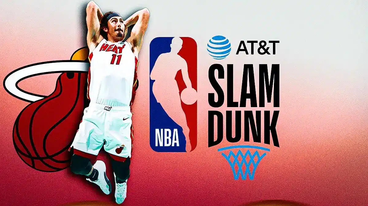 Miami Heat rookie Jaime Jaquez Jr. next to the Slam Dunk Contest logo.