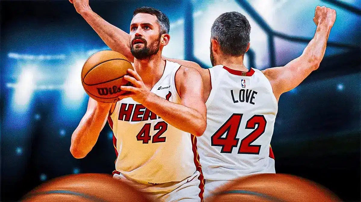 Miami Heat star Kevin Love in front of the Kaseya Center.