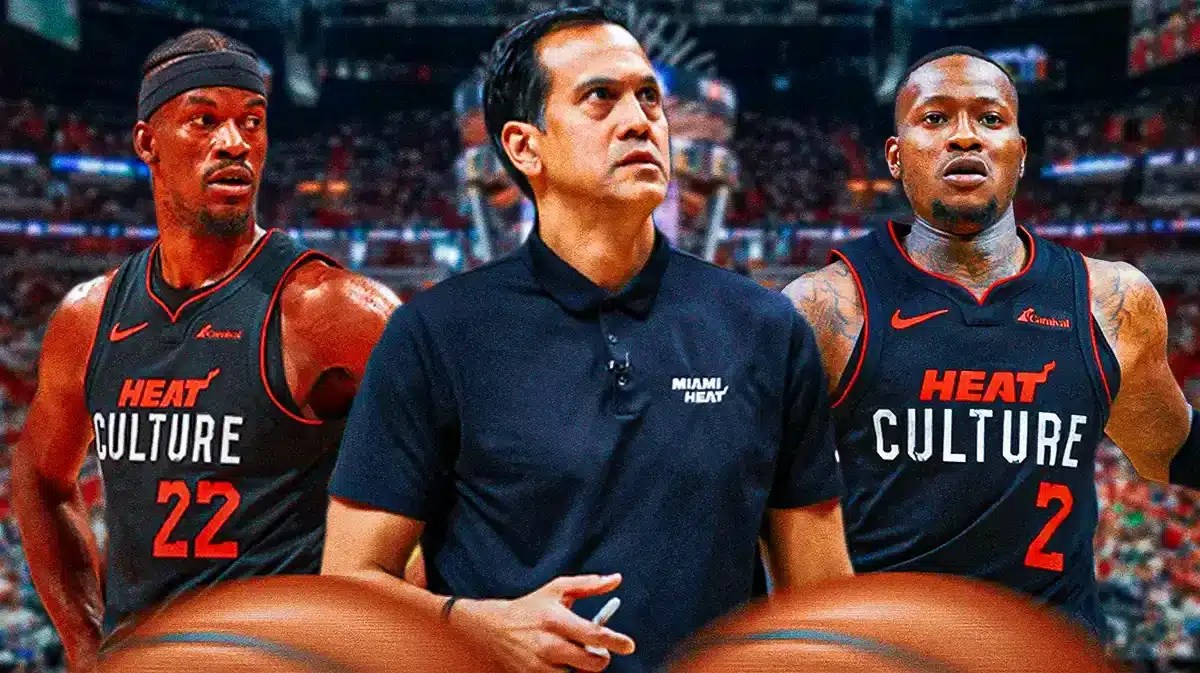 Miami Heat stars Jimmy Butler, Terry Rozier, and head coach Erik Spoelstra in front of the Kaseya Center.