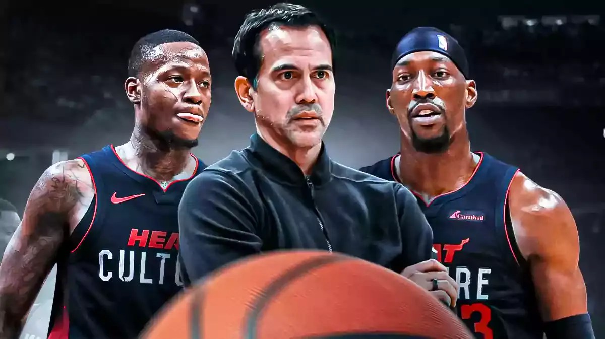 Miami Heat head coach Erik Spoelstra and stars Bam Adebayo and Terry Rozier in front of the Kaseya Center.