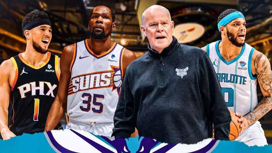 Kevin Durant and Devin Booker looking at Hornets player Miles Bridges.