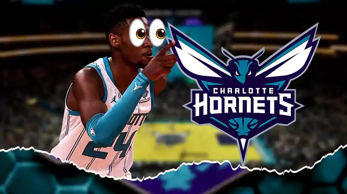 Brandon Miller with emoji eyes next to a Hornets logo at Spectrum Center