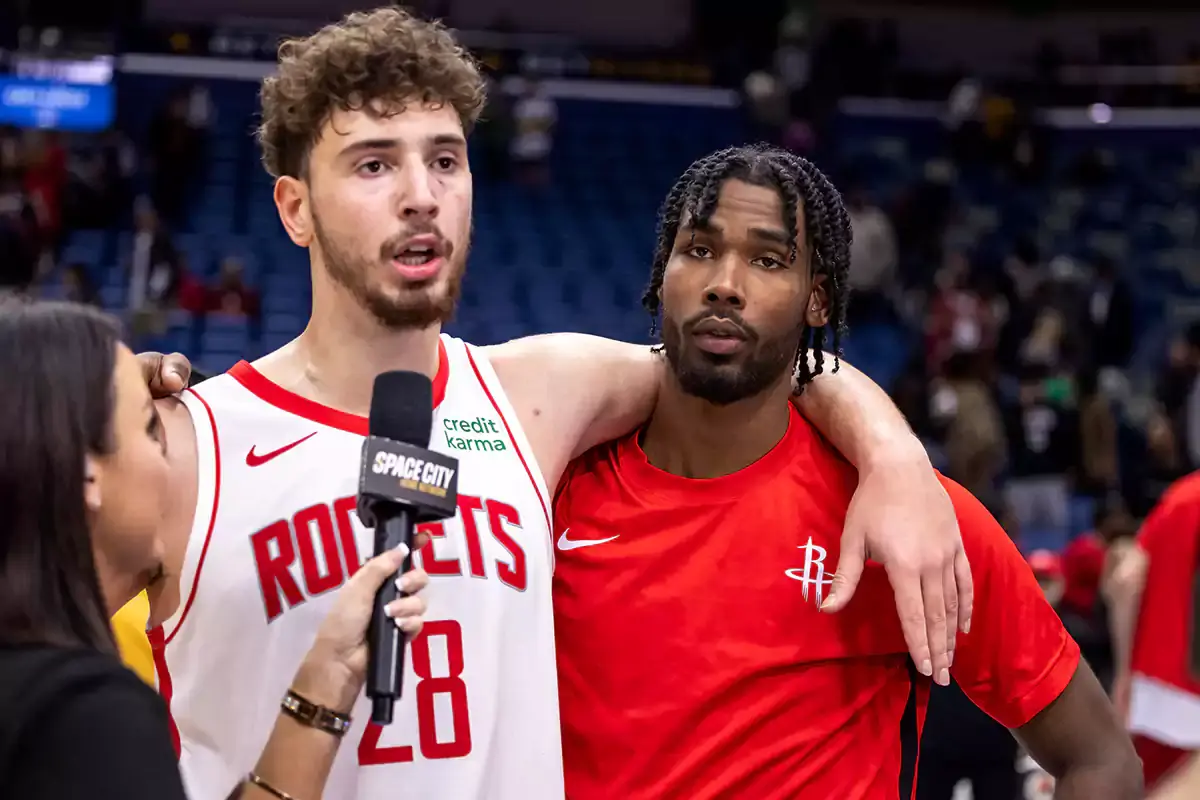  Houston Rockets center Alperen Sengun (28) and forward Tari Eason (17) talk to the media after the game against the New Orleans Pelicans at Smoothie King Center.