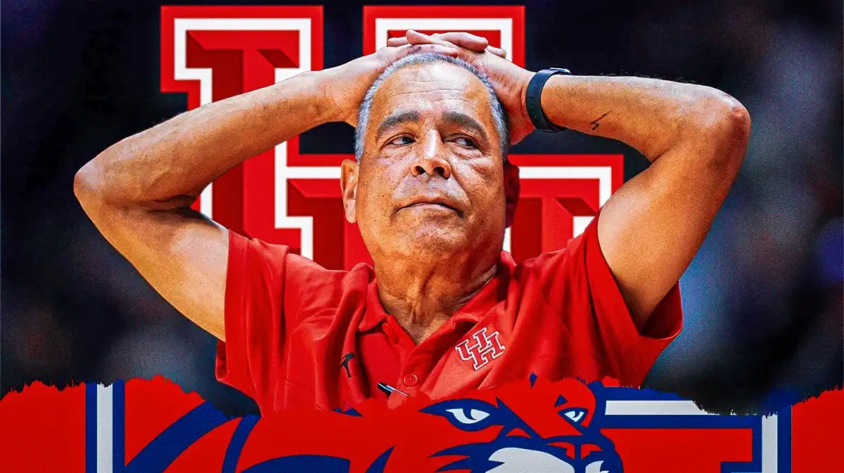 Houston basketball coach Kelvin Sampson looking upset.