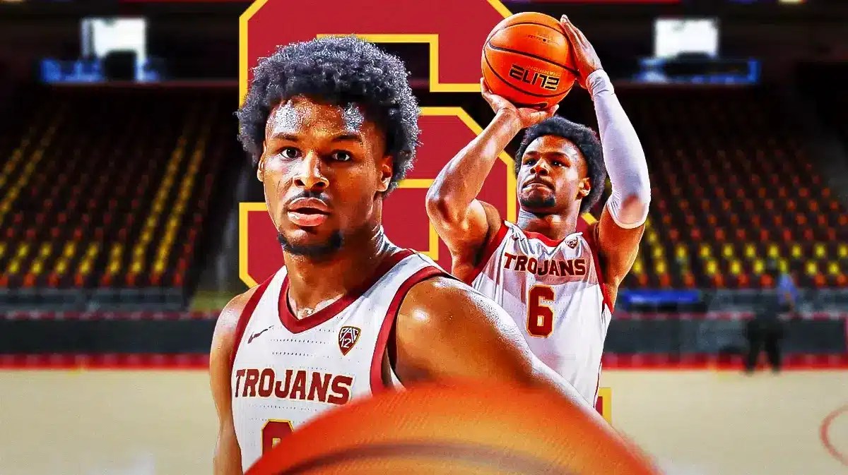 USC basketball Bronny James shooting a basketball. USC basketball logo in background.