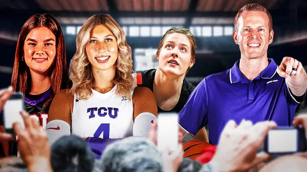 TCU women’s basketball players Ella Hamlin, Sedona Prince, Sarah Sylvester, and TCU women’s basketball coach Mark Campbell