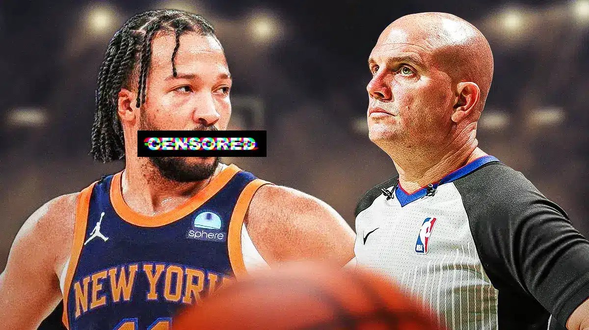 Knicks' Jalen Brunson looking angry/questioning NBA referee Jacyn Goble