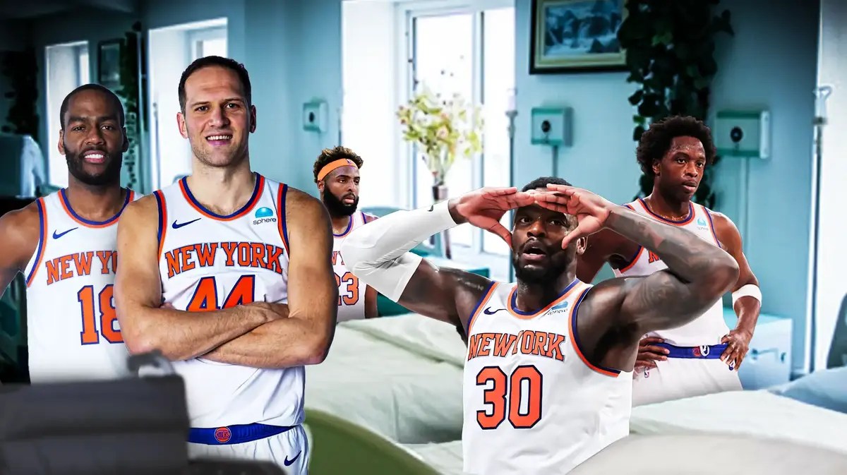 Knicks' Julius Randle, OG Anunoby, and Mitchell Robinson hurt in hospital beds. Bojan Bogdanovic and Alec Burks smiling