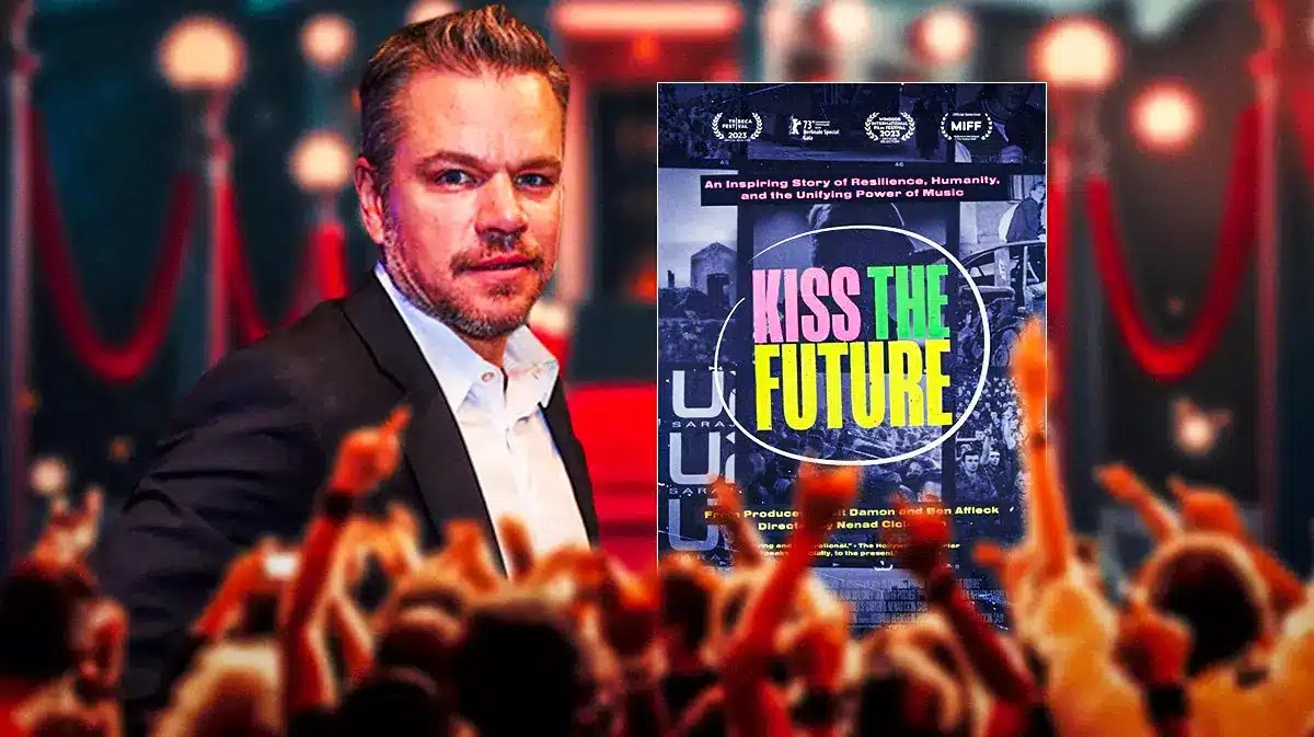 Matt Damon next to poster for U2 documentary Kiss the Future.