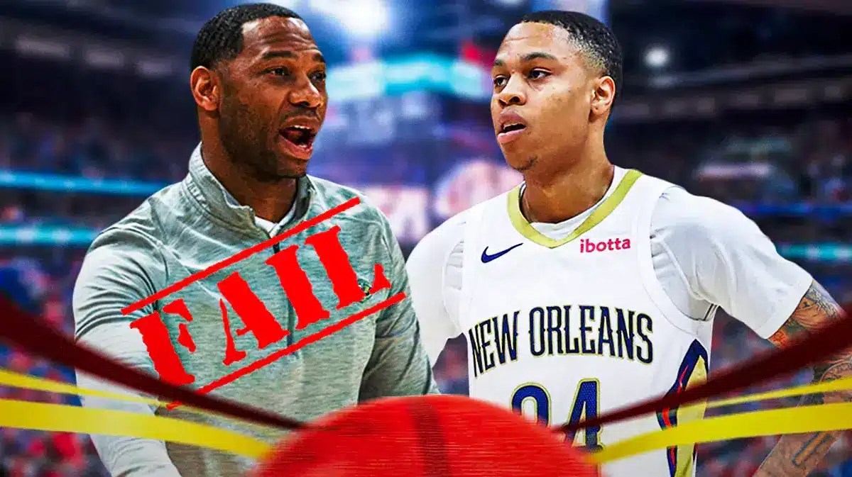 Pelicans coach Willie Green with “FAIL” stamped over him next to Jordan Hawkins
