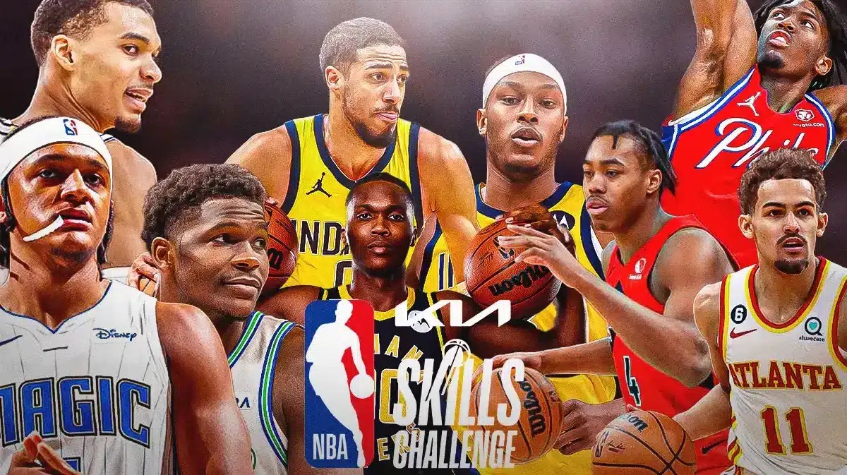 In one corner is Paolo Banchero, Anthony Edwards, Victor Wembanyama. In another corner is Tyrese Maxey, Scottie Barnes, Trae Young. In another corner is Tyrese Haliburton, Bennedict Mathurin, Myles Turner. Kia Skills Challenge logo on the graphic. Ideally the some players are running, some are shooting, some are passing.