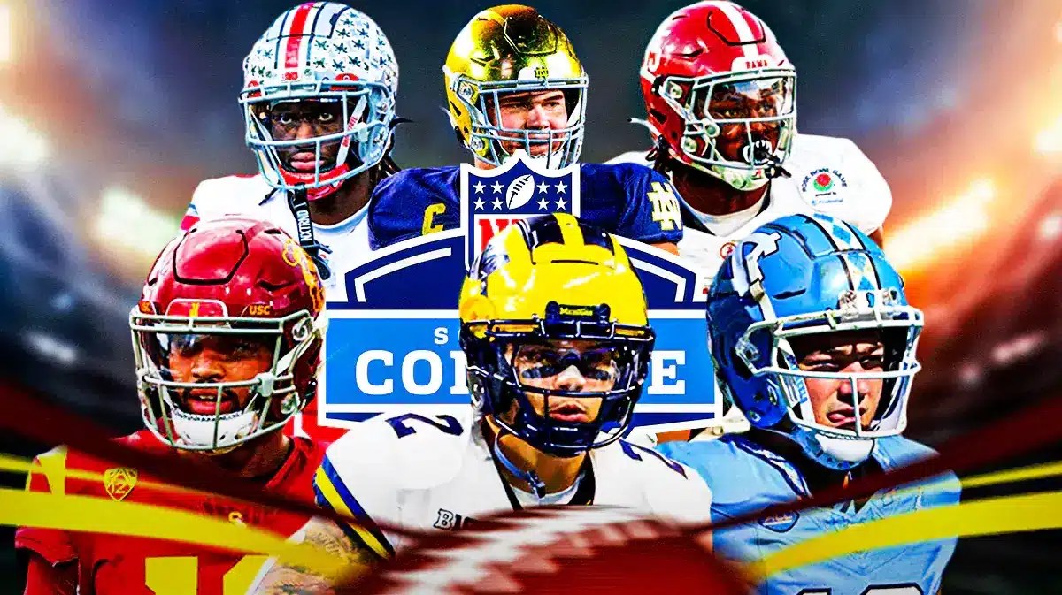 Caleb Williams, Blake Corum, Drake Maye, Marvin Harrison Jr., Joe Alt, Dallas Turner all together. NFL scouting combine logo in front.