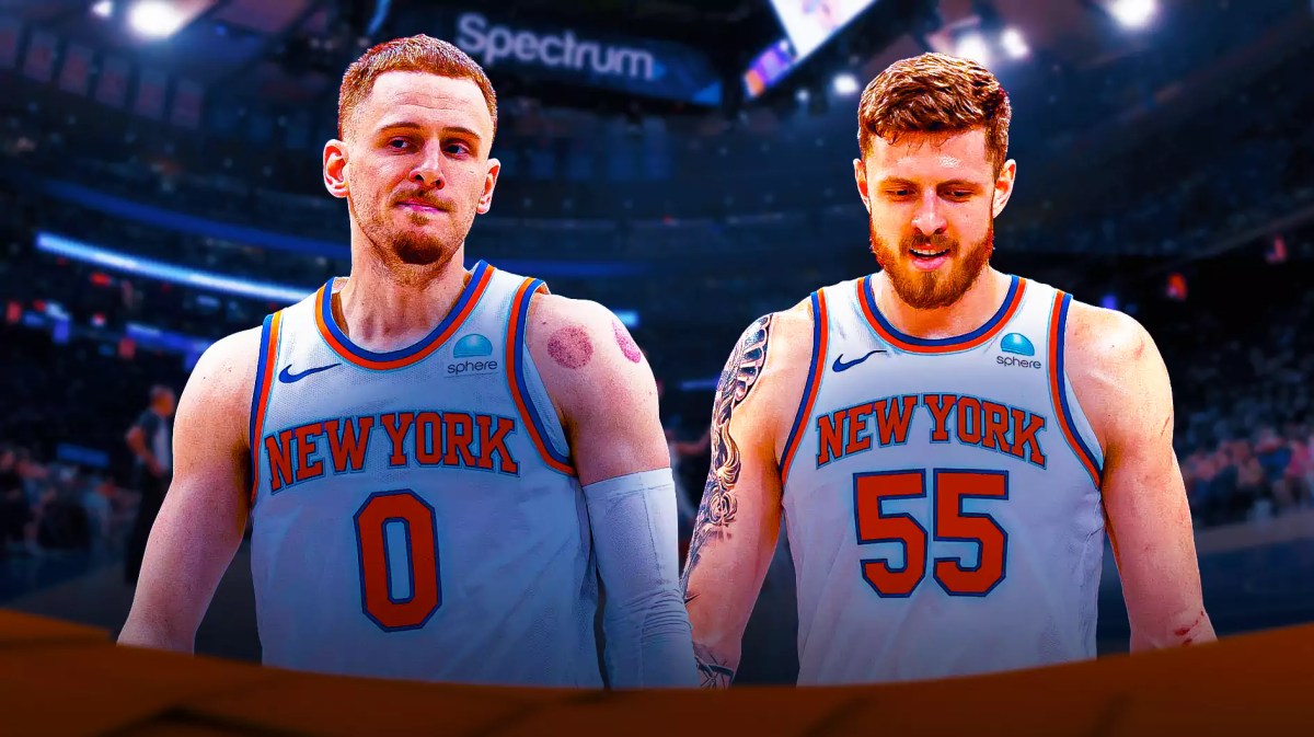 Donte DiVincenzo and Isaiah Hartenstein with the Knicks arena in the background, injury