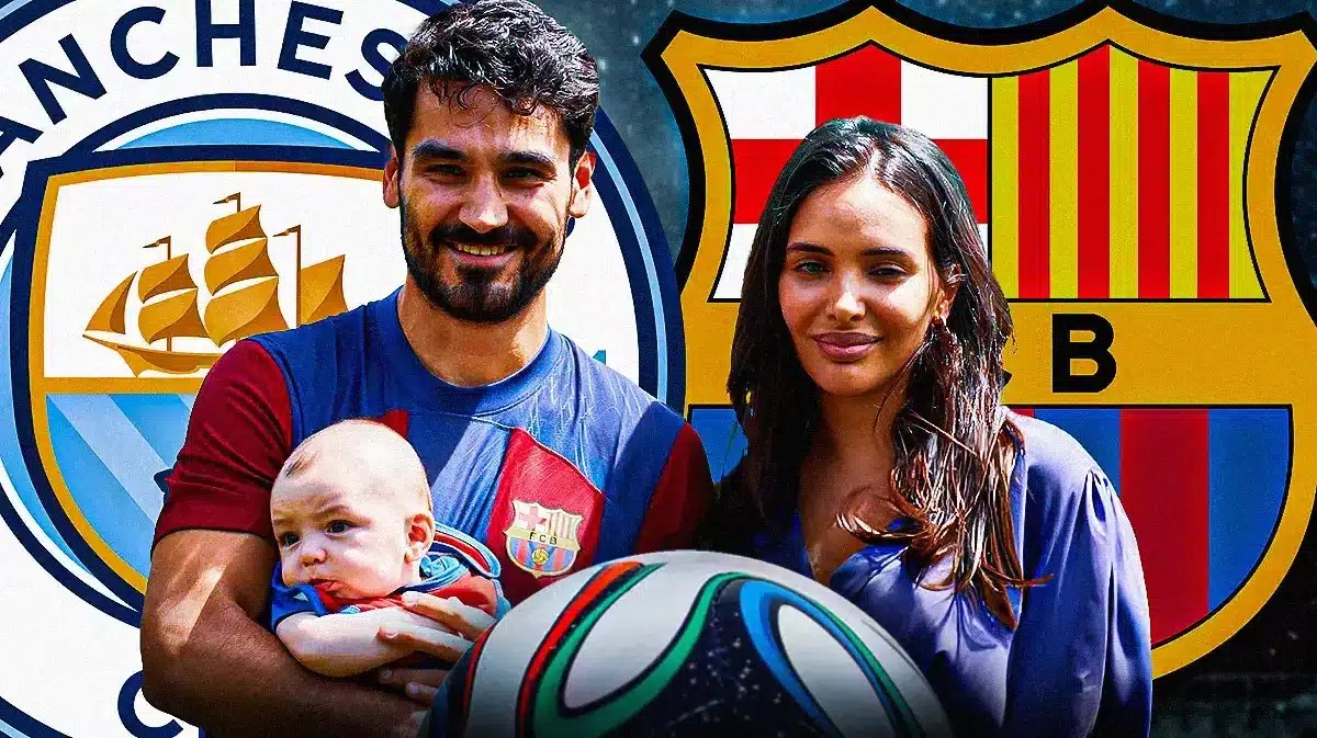 Ilkay Gundogan and wife Sara Arfaoui in front of the Manchester City and Barcelona logos