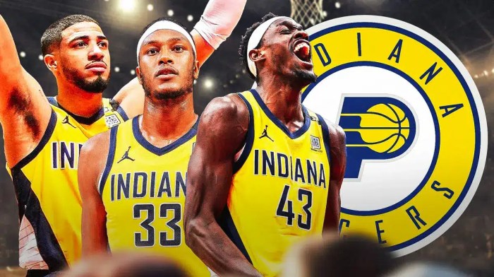 Tyrese Haliburton, Myles Turner and Pascal Siakam next to a Pacers logo