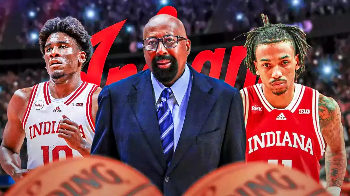 Photo: Mike Woodson with CJ Gunn and Kaleb Banks, Indiana logo behind them