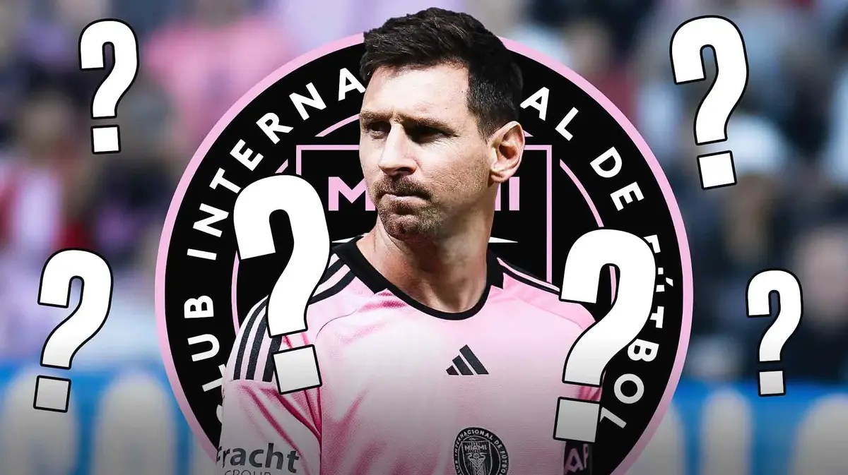 Lionel Messi in front of the Inter Miami logo, questionmarks behind him