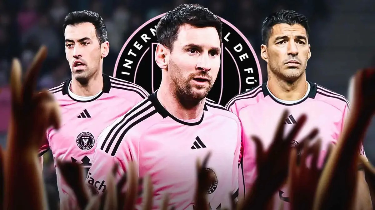 Lionel Messi, Luis Suarez, Sergio Busquets in front of the Inter Miami logo