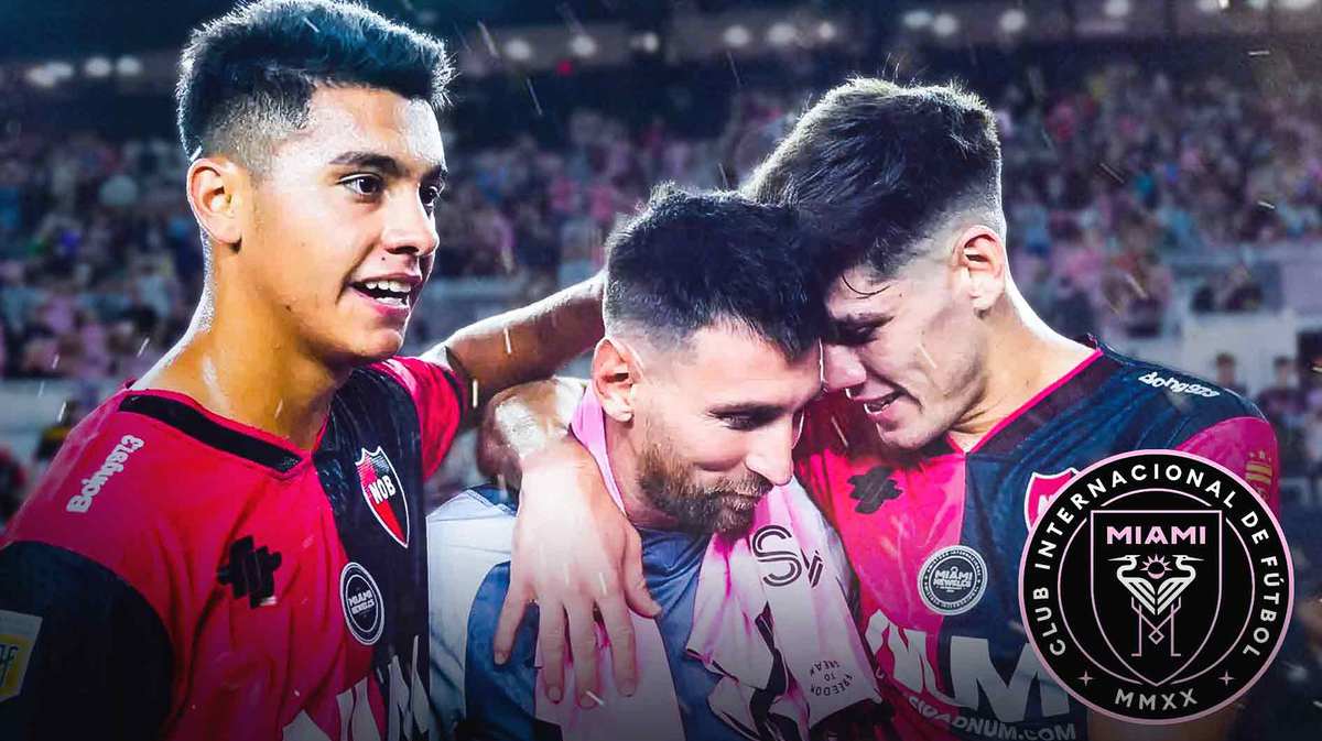 This Picture of Lionel Messi and Newell’s Old Boys players with the Inter Miami logo in the corner if possible, or something similar