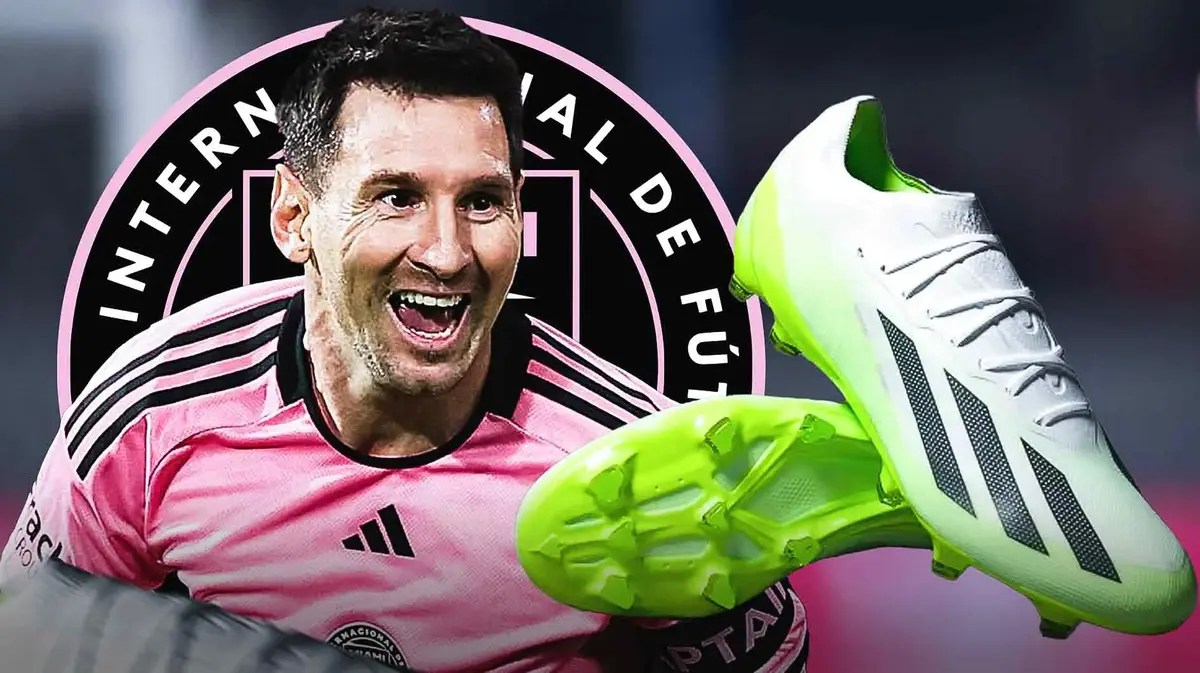 Lionel Messi next to a pair of adidas soccer shoes, the Inter Miami logo behind him