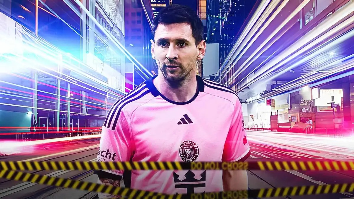Lionel Messi in Hong Kong, police line in front of him, the Inter Miami logo in the sky