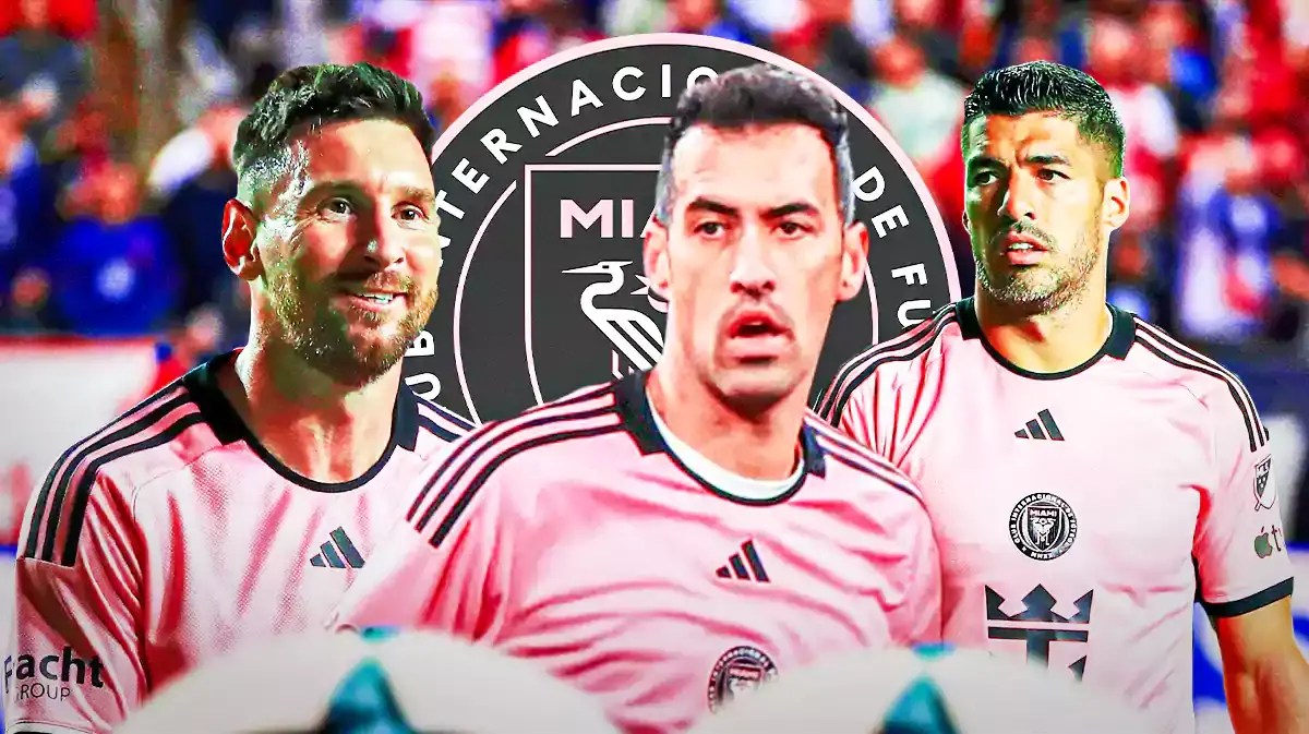 Lionel Messi, Luis Suarez, Sergio Busquets in front of the Inter Miami logo