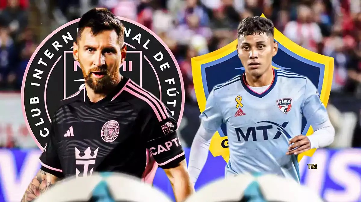 Lionel Messi in front of the Inter Miami logo, Edwin Cerrillo in front of the LA Galaxy logo