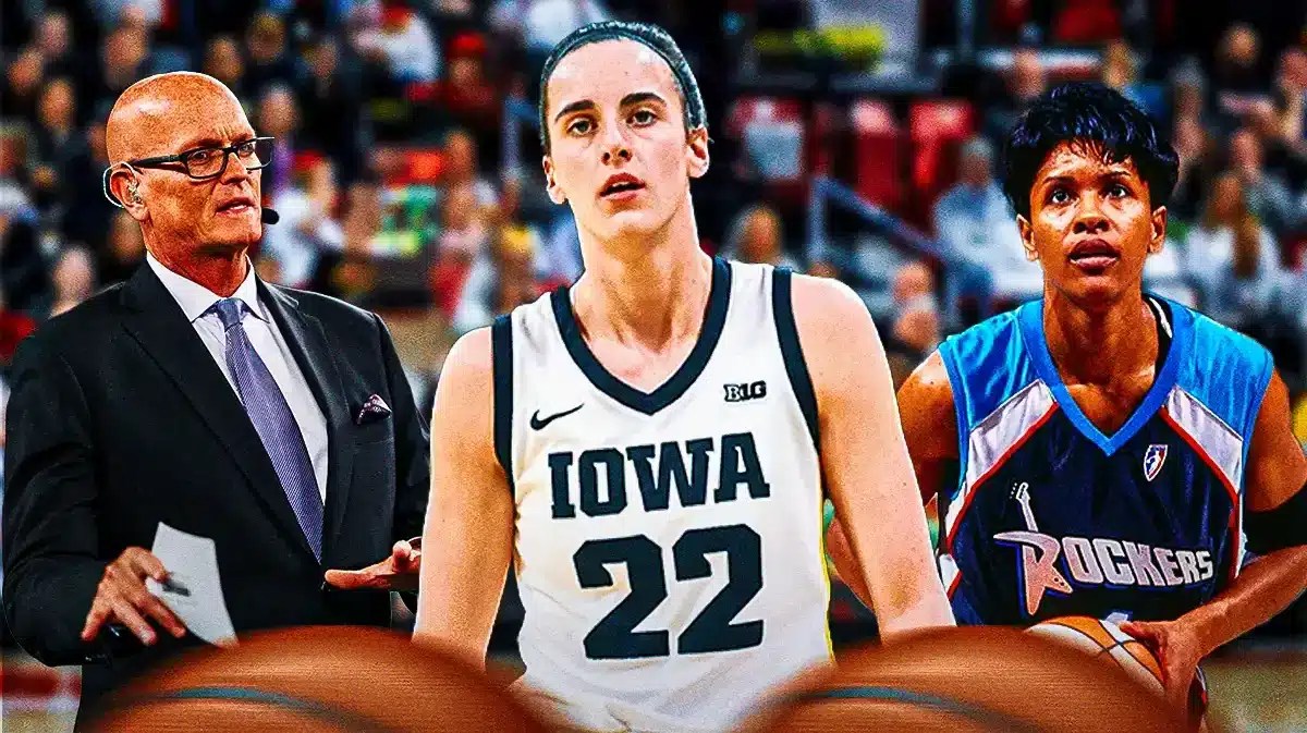 Iowa women’s basketball player Caitlin Clark in the center of the image, with former women’s college basketball player Lynette Woodard on one side of Clark, and sports commentator Scott Van Pelt on the other side.