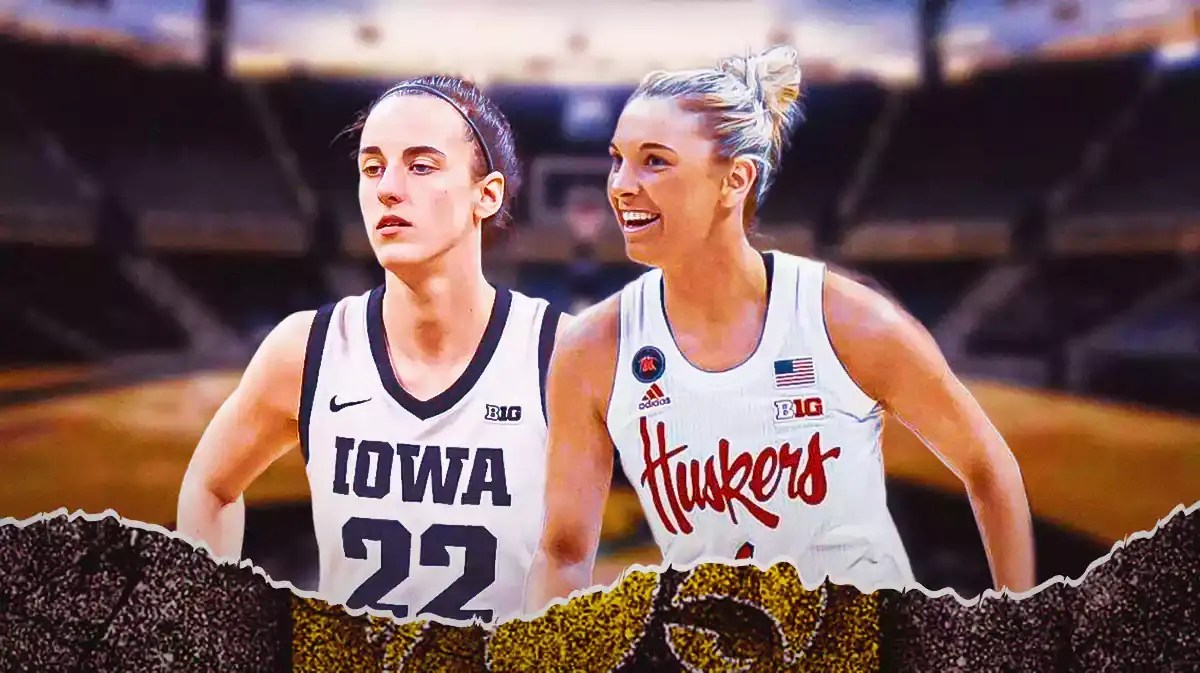 Iowa Caitlin Clark with Nebraska Jaz Shelley and Alexis Markowski