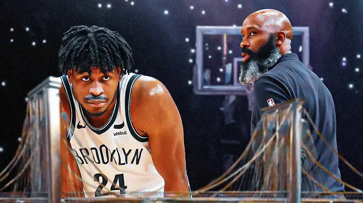 Nets player Cam Thomas and head coach Jacquez Vaughn.