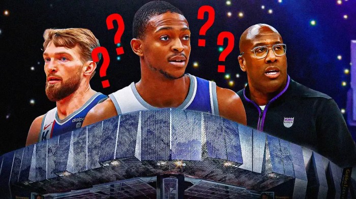 De'Aaron Fox with question marks next to Mike Brown and Domantas Sabonis