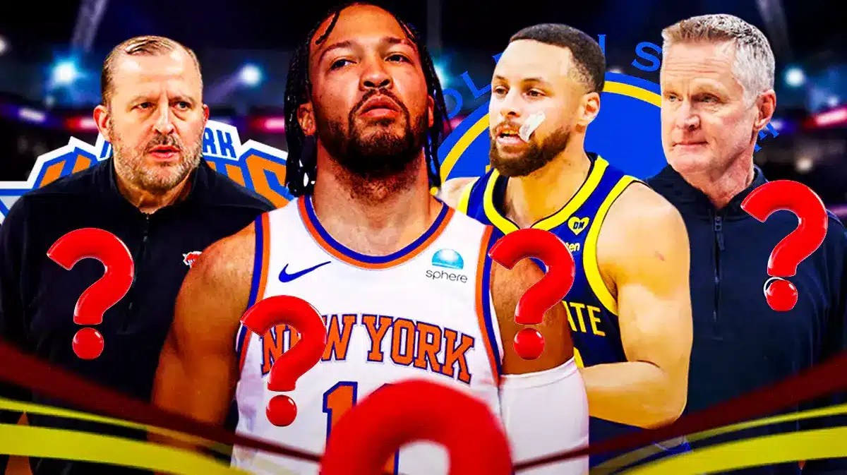 Knicks' Jalen Brunson next to Tom Thibodeau and Warriors' Stephen Curry and Steve Kerr