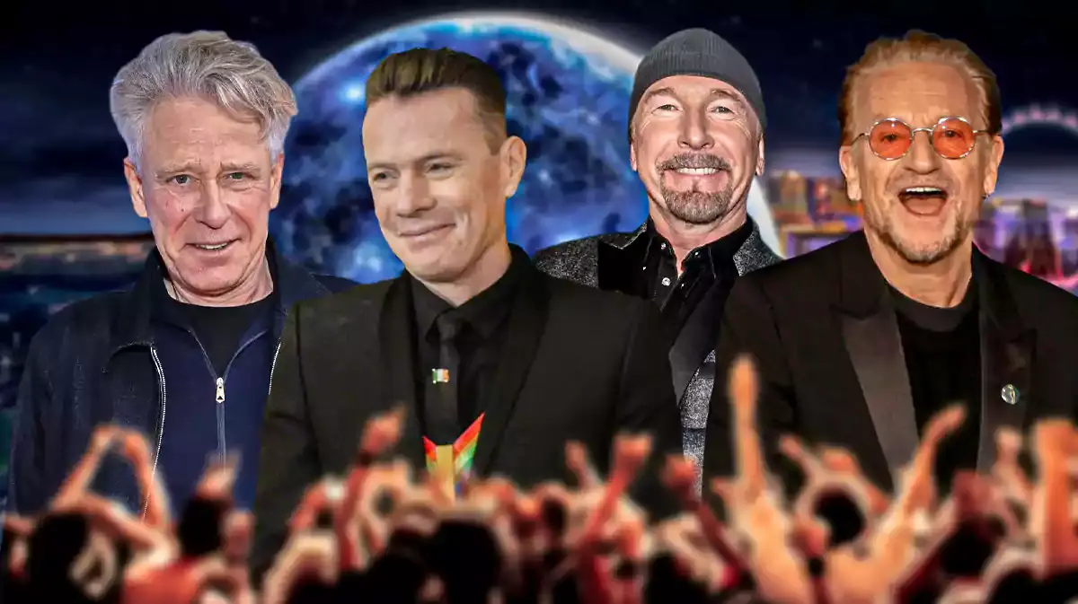 U2 Adam Clayton, Larry Mullen Jr., The Edge, and Bono with Sphere background.