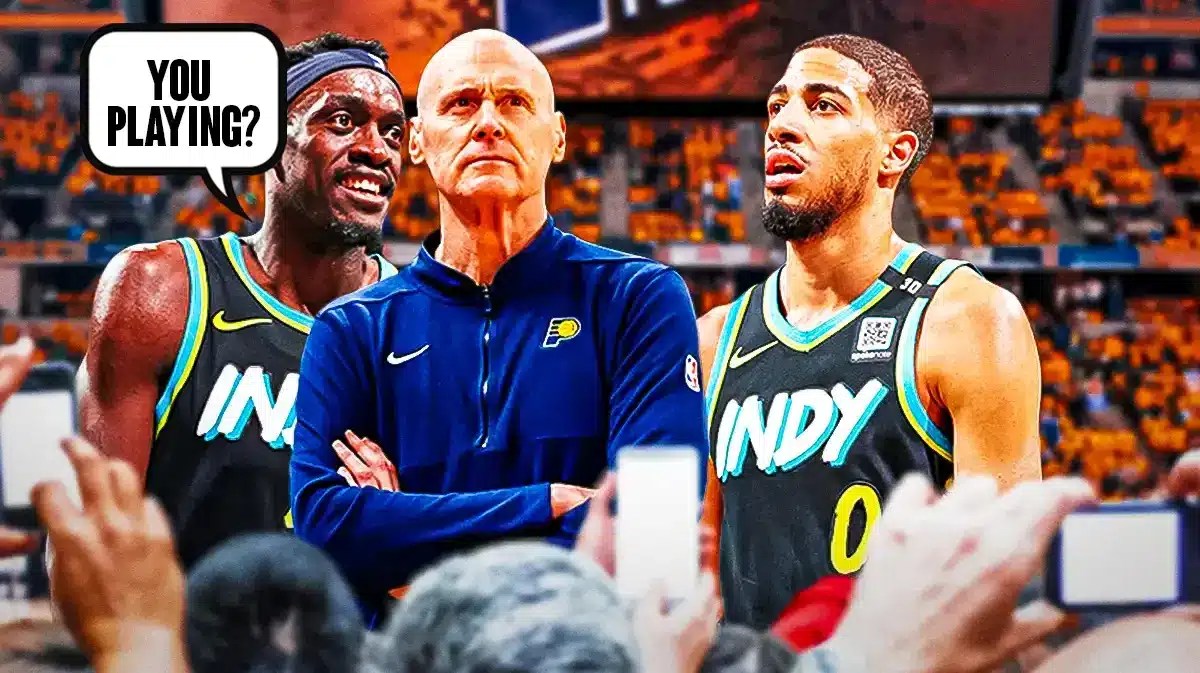 Tyrese Haliburton with Pascal Siakam saying "You playing?" next to Rick Carlisle