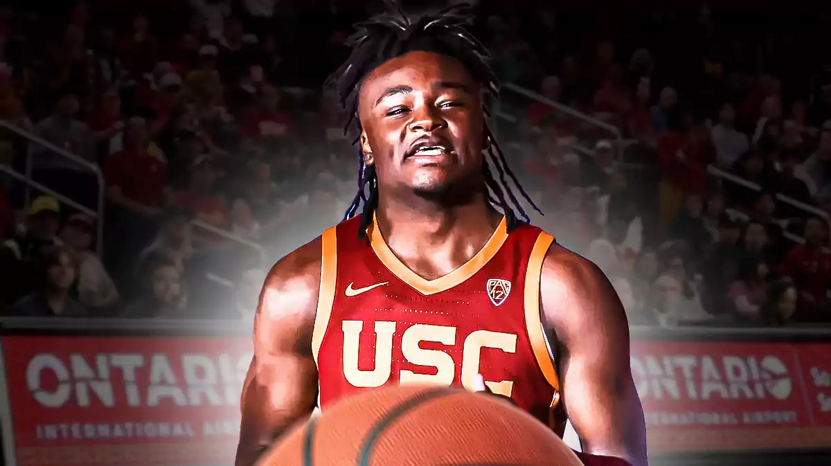 USC basketball, Trojans, Isaiah Collier, Bronny James, Isaiah Collier USC, Isaiah Collier in USC uni with USC basketball arena in the background