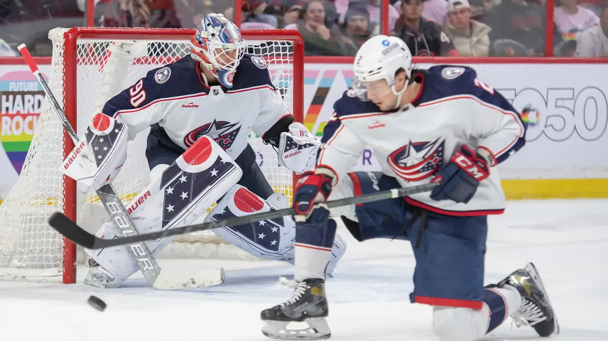 Columbus Blue Jackets defenseman Andrew Peeke (2) blocks a shot in the first period against the Ottawa Senators at the Canadian Tire Centre.