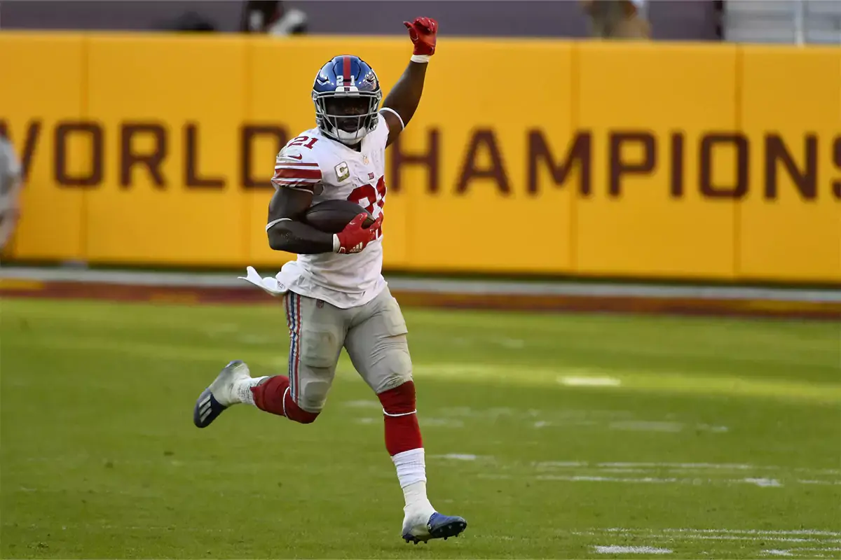 New York Giants safety Jabrill Peppers (21) reacts after intercepting a pass Washington Football Team during the fourth quarter at FedExField