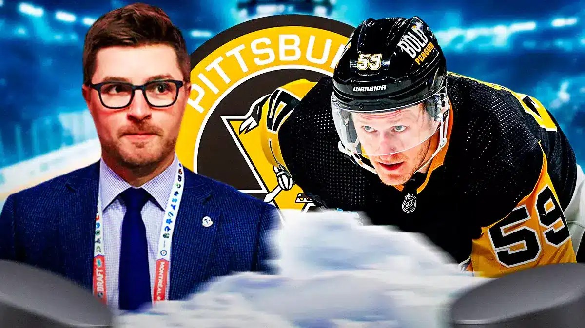 Jake Guentzel and Kyle Dubas both in image looking stern, PIT Penguins logo, hockey rink in background