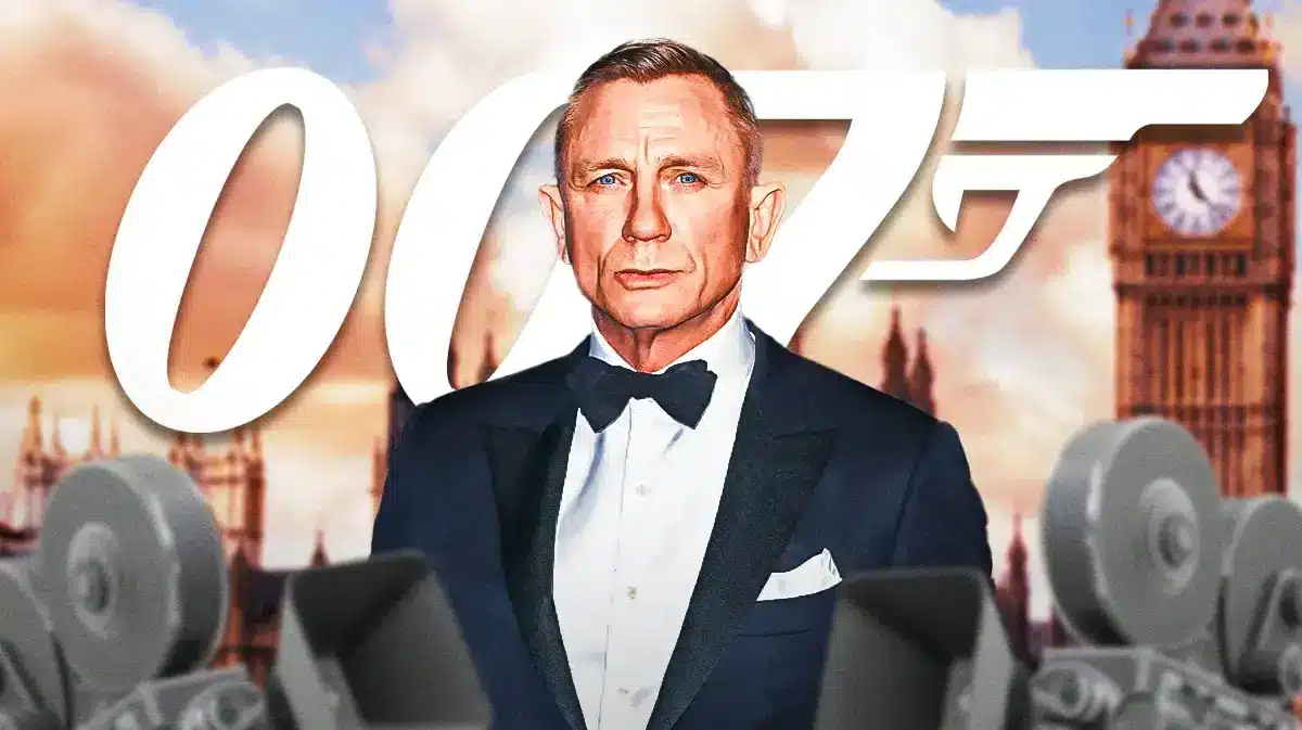 Daniel Craig as James Bond and 007 logo and London background.