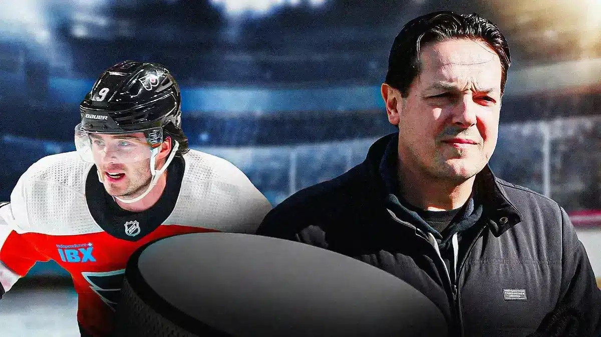 Jamie Drysdale (Philadelphia Flyers) next to Danny Briere.