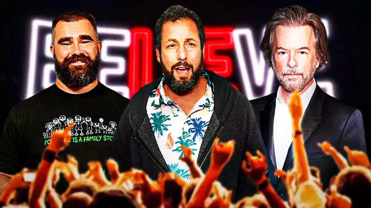 U2 Sphere background with Jason Kelce, Adam Sandler, and David Spade.