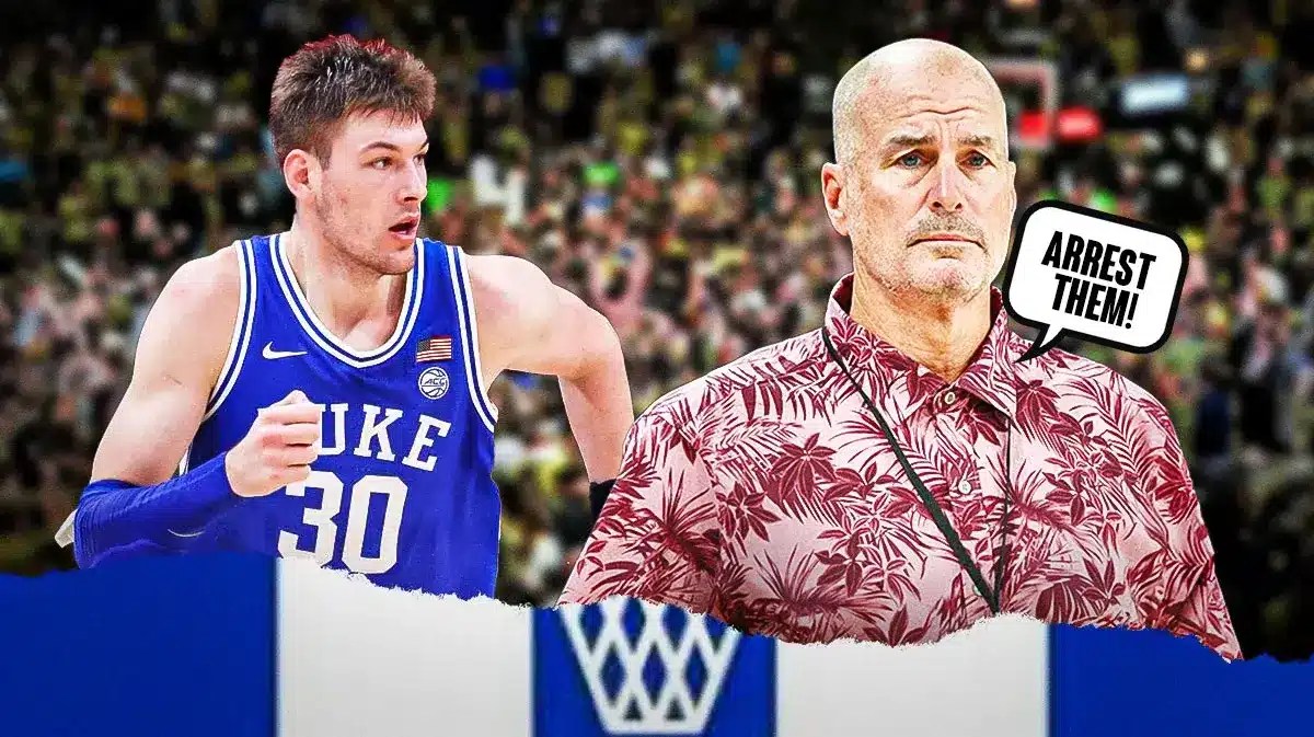Kyle Filipowski and Jay Bilas with a speech bubble “Arrest Them!” with a picture of Wake Forest fans storming the court against Duke basketball as the background.