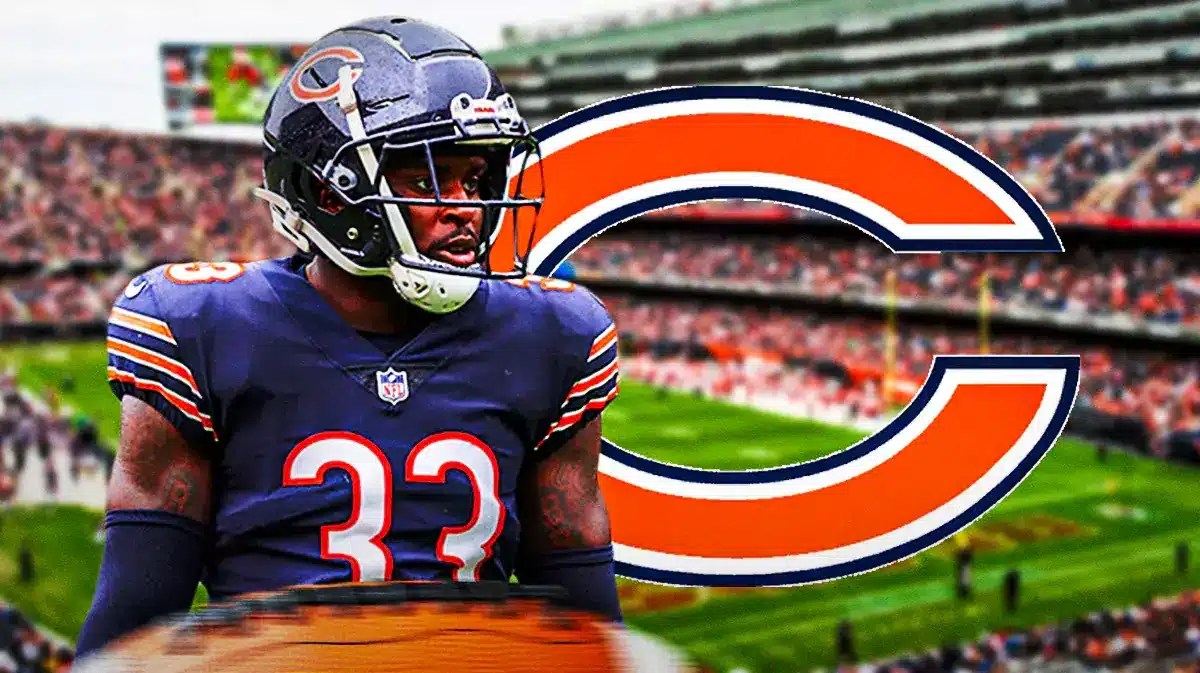 Bears' Jaylon Johnson on left looking serious. Bears' logo on right.