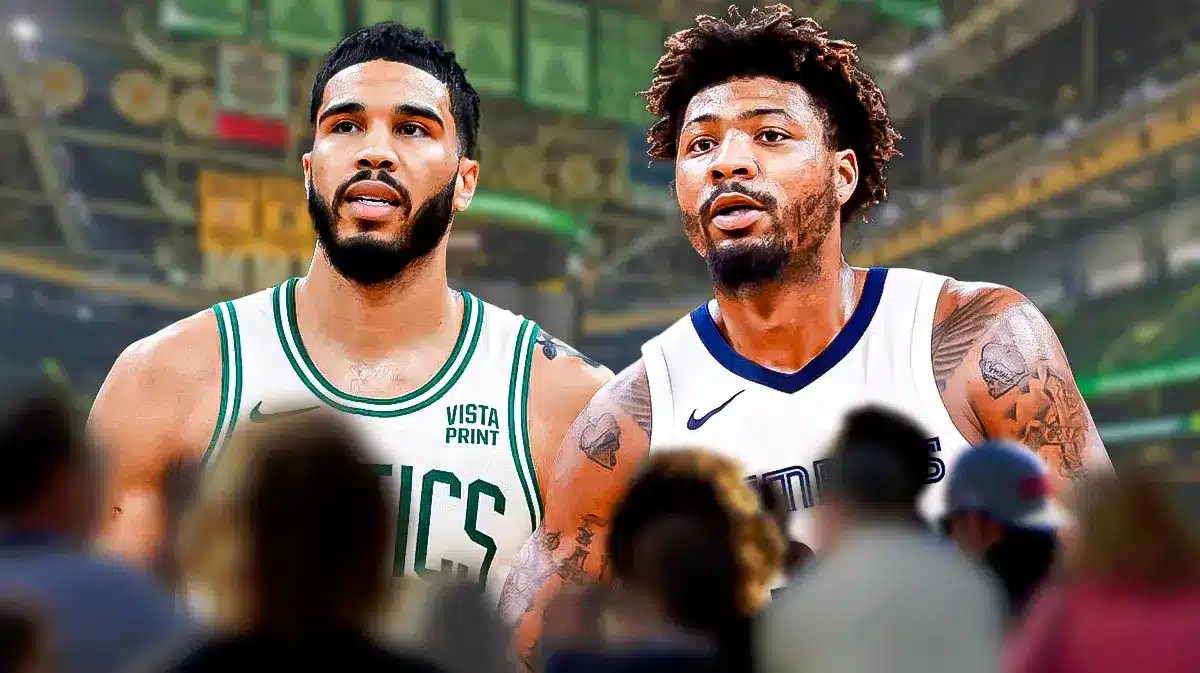 Jayson Tatum smiling (in a Celtics jersey) next to a hyped Marcus Smart (in a Grizzlies jersey) on a TD Garden background.