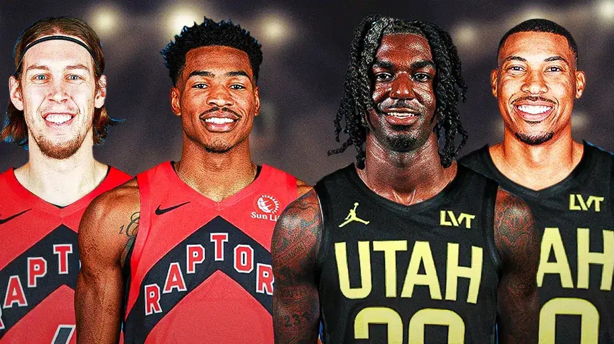 Kelly Olynyk and Ochai Agbaji in Raptors uniforms, Kira Lewis and Otto Porter Jr. in Jazz uniforms