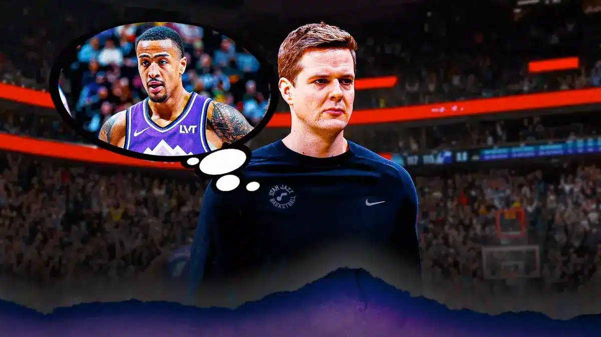 Jazz’s Will Hardy in the middle looking worried, with a thought bubble containing an image of a sad John Collins