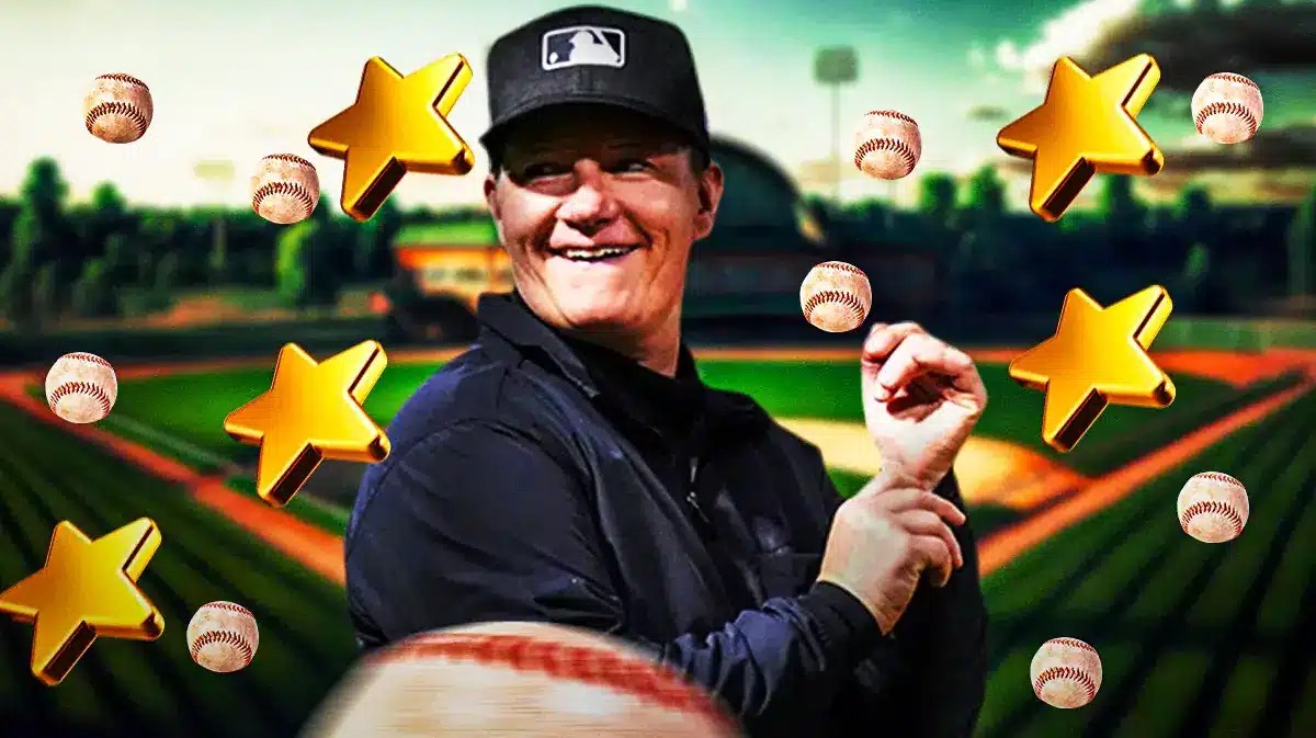 MLB woman umpire Jen Pawol, with baseballs and stars around her
