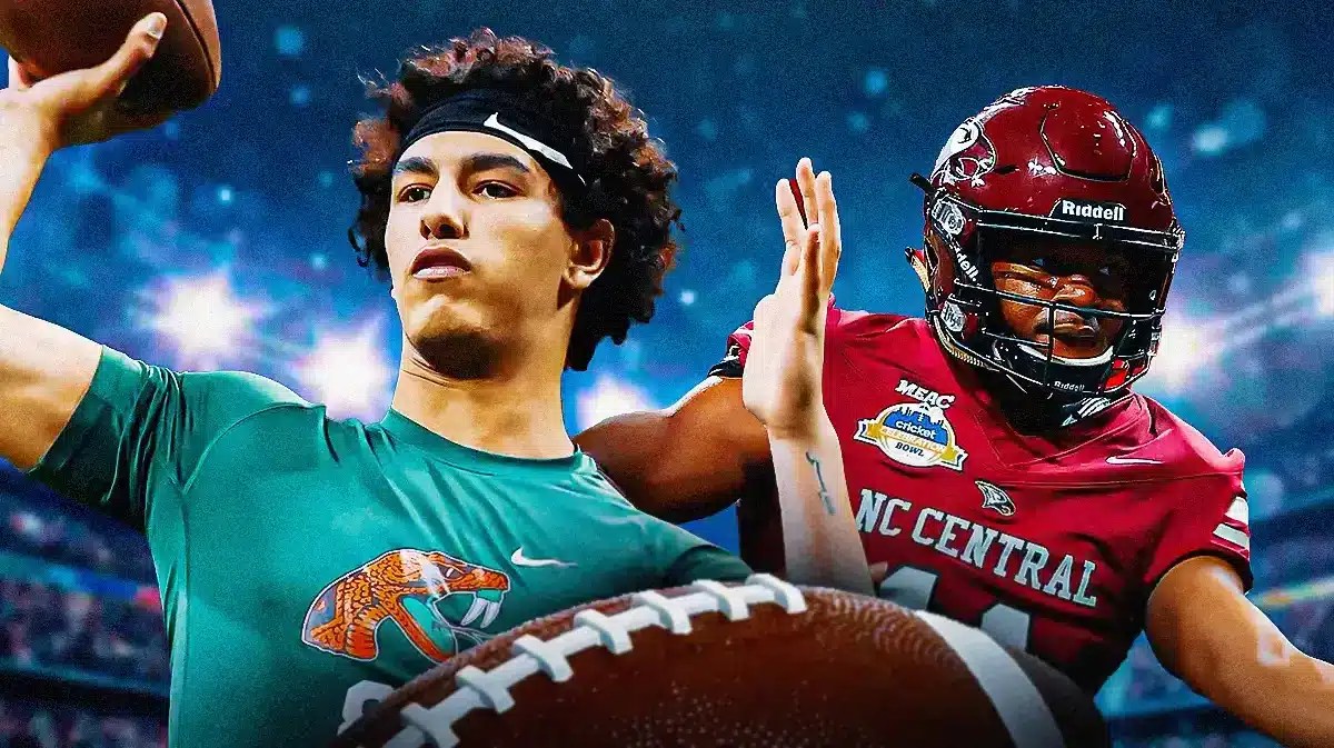 Florida A&M's Jeremy Moussa and North Carolina Central's Davius Richard both win the 2023 Deacon Jones Award.