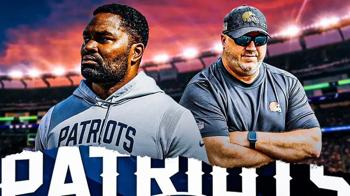 Jerod Mayo with Alex Van Pelt and Patriots logo