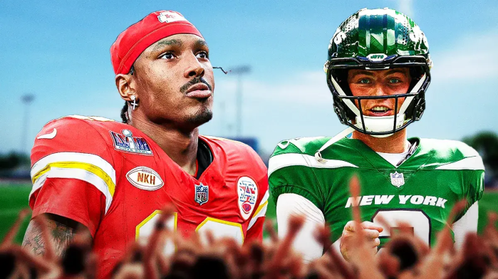 Kansas City Chiefs star Mecole Hardman and New York Jets star Zach Wilson in front of Metlife Stadium.